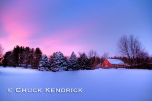 Atkinson, NH winter barn at sunset - photo by chuckkendrick.com.